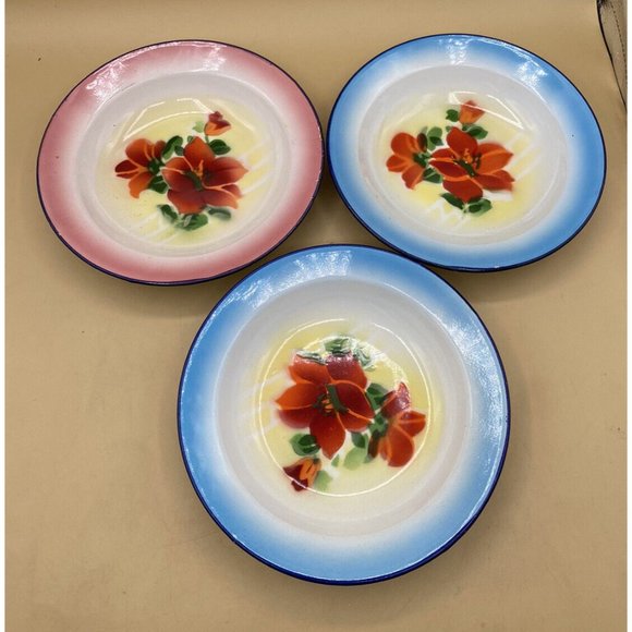 Gold Fish Brand Enamel 8” Plates Blue Pink and Red Flowers LOT 3 - Picture 2 of 14